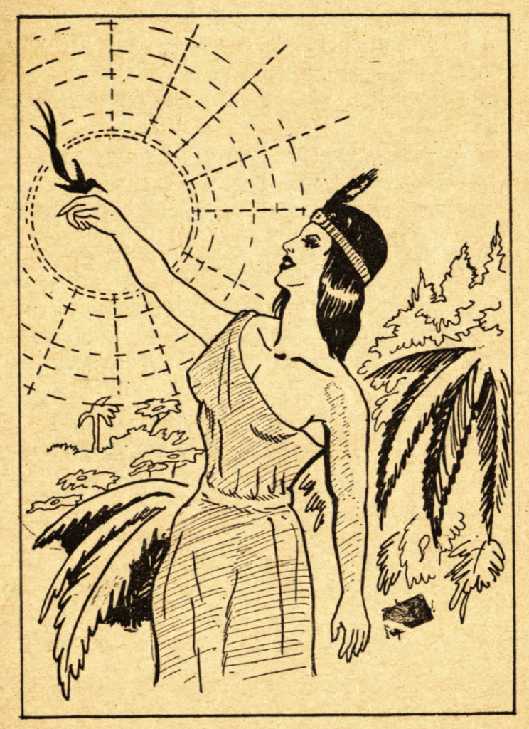 An illustration of an indigenous woman in the Amazon rainforest in front of the sun.