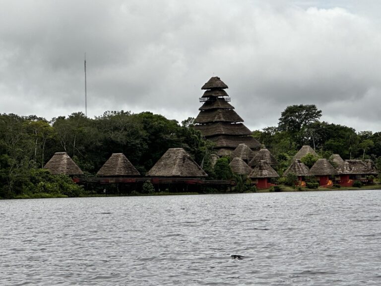 Triangular huts on the banks of a body of water in the Amazon rainforest.