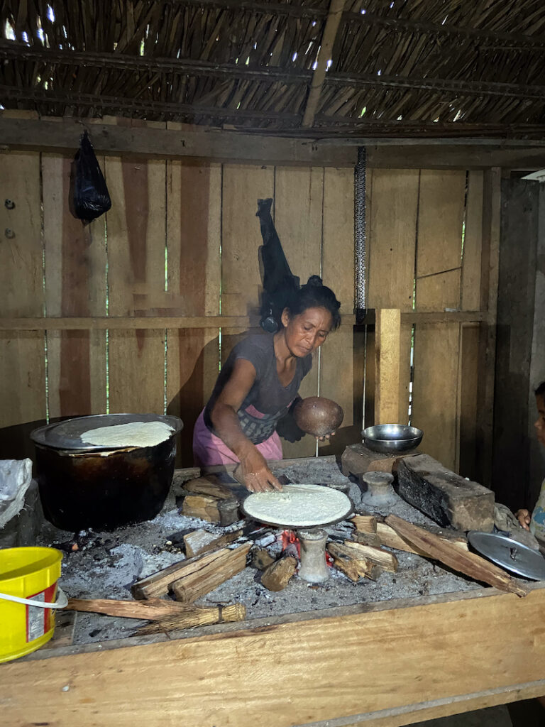 A woman cooks in a structure in the Amazon rainforest.