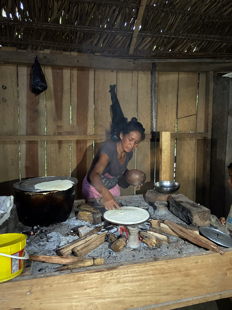 A woman cooks in a structure in the Amazon rainforest.