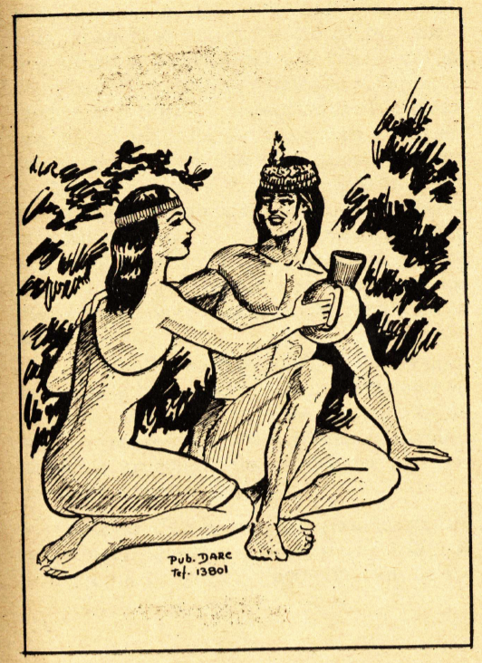 An illustration of an indigenous man and woman sitting in the Amazon rainforest.