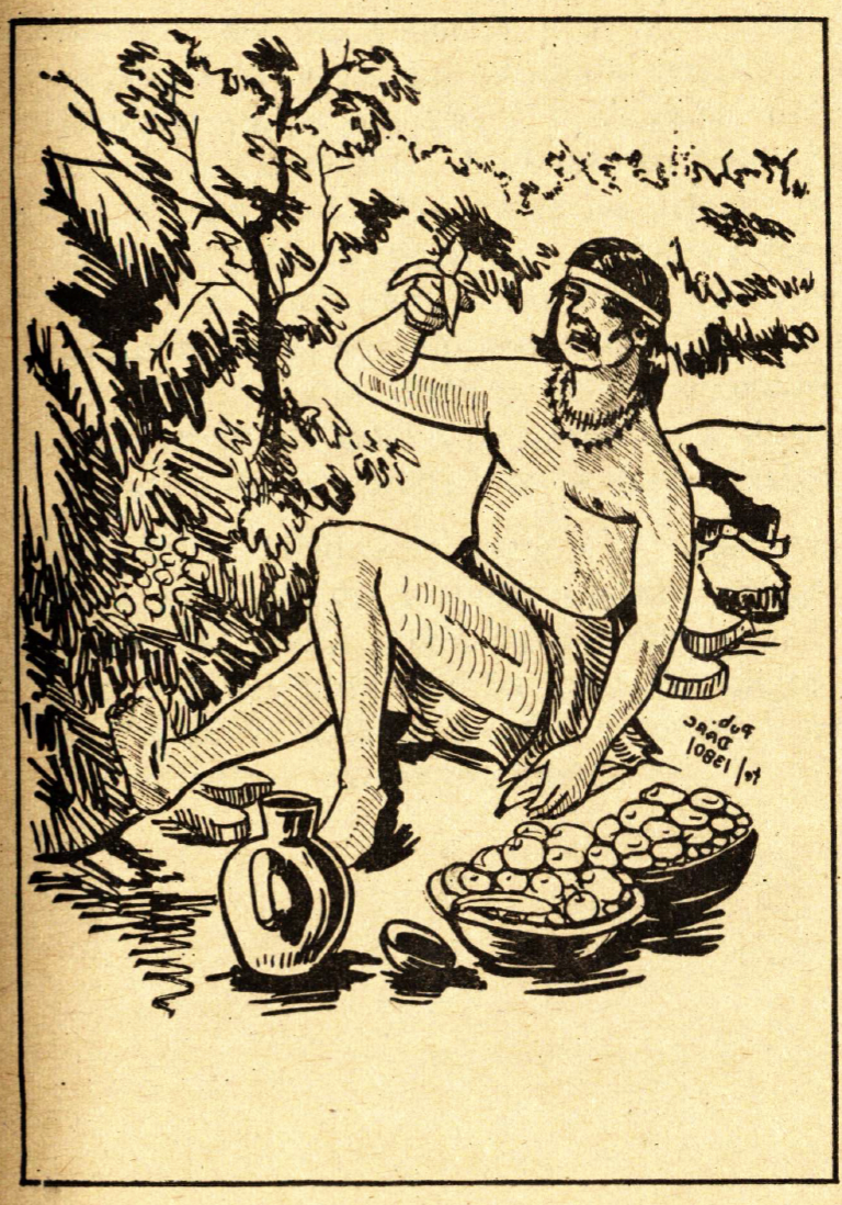 An illustration of an indigenous man holding a banana surrounded by bowls of fruit in the Amazon rainforest.