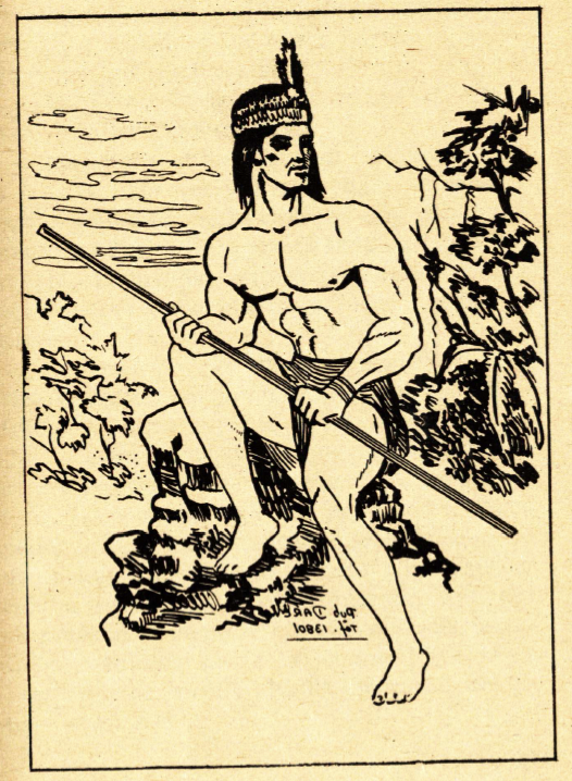 An illustration of an indigenous man holding a stick in the Amazon rainforest.